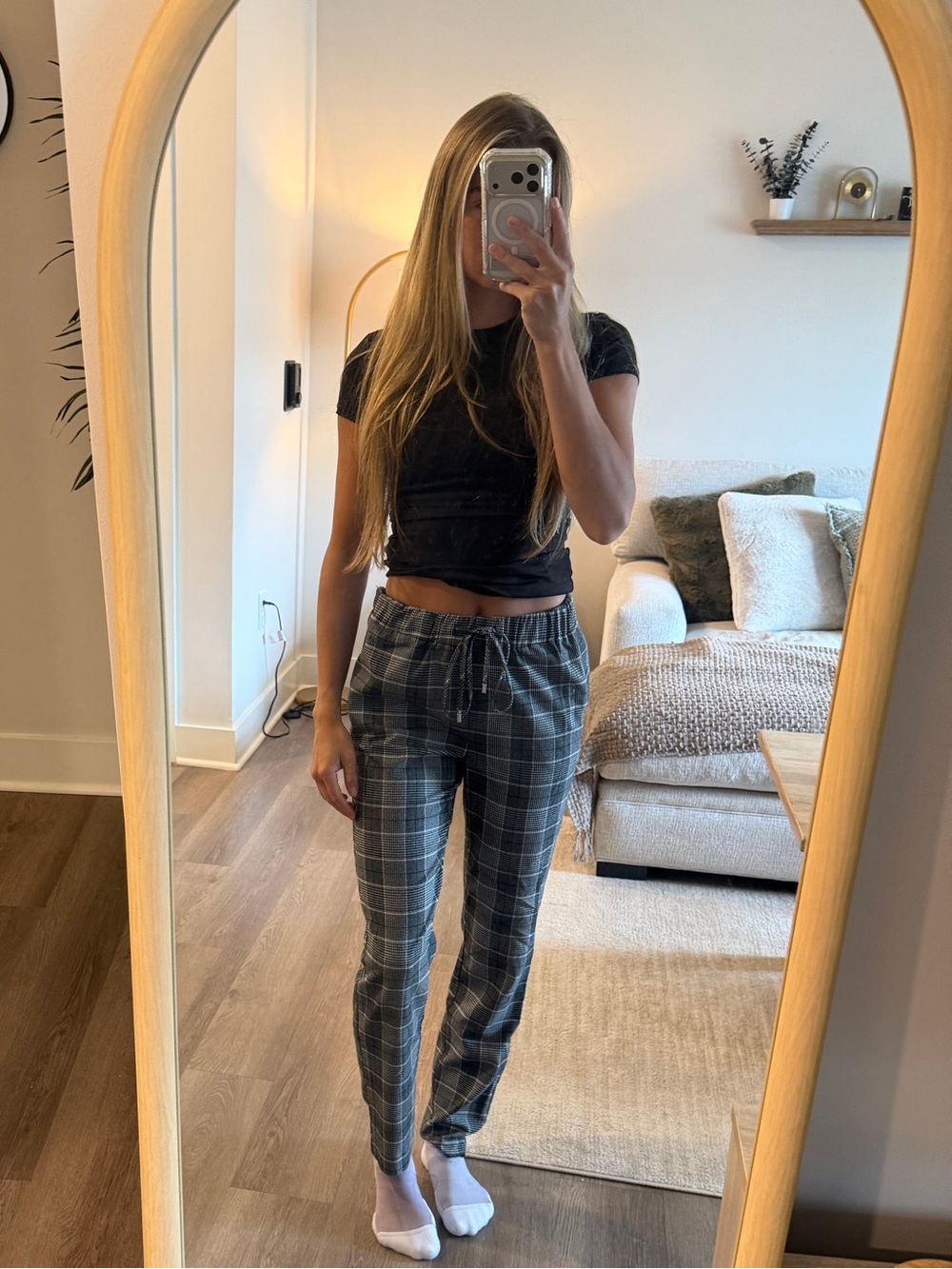 Nine West Black and White Plaid Pull-On Pants